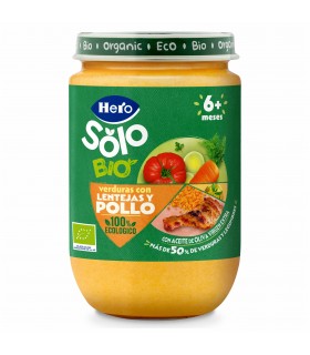 HERO SOLO - Meniu ecologic (BIO) cu LEGUME, PUI SI OREZ si linte, 190G, 6 luni+