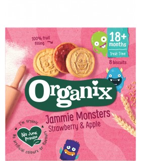 ORGANIX - Biscuiti ECOLOGICI (BIO) ”JAMMIE MONSTERS” CU UMPLUTURA DE CAPSUNI SI MERE, 64G, 18luni+