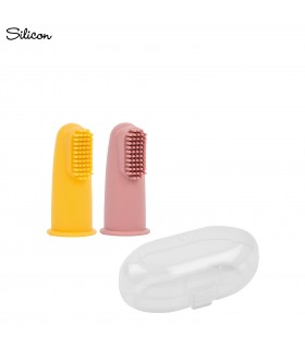 Set 2 degetare din silicon si cutie de protectie, galben si roz, 6 luni+