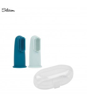 Set 2 degetare din silicon si cutie de protectie, albastru si bleu, 6 luni+